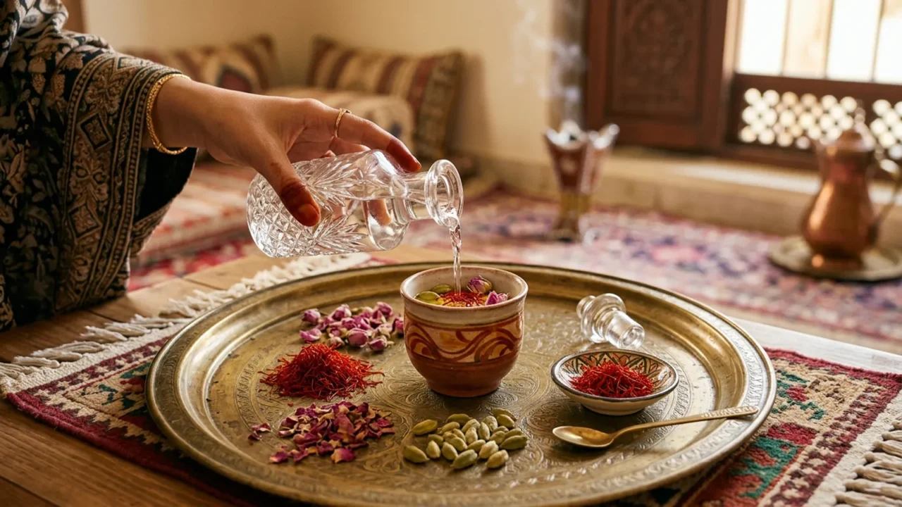 الزعفران مع الهيل وماء الورد في الضيافة