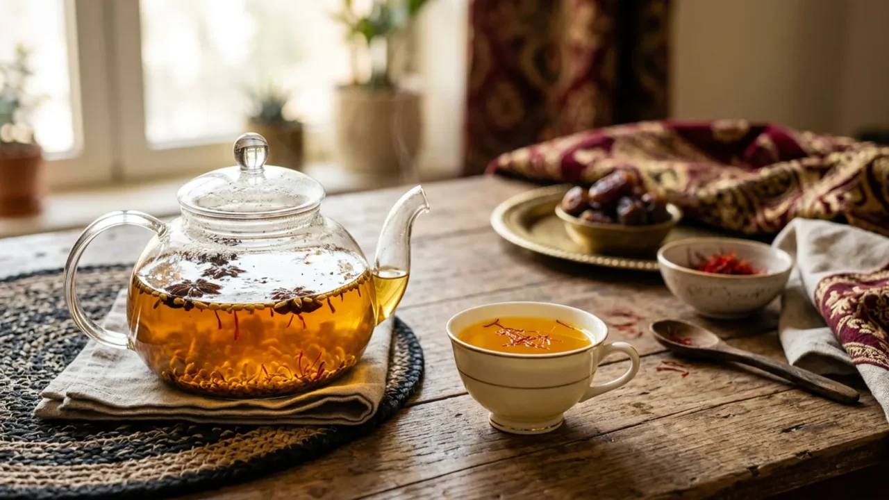 Photorealistic editorial photo of a glass teapot with anise seeds and fenugreek, a small cup of golden saffron drink and a few saffron threads on a wooden tray