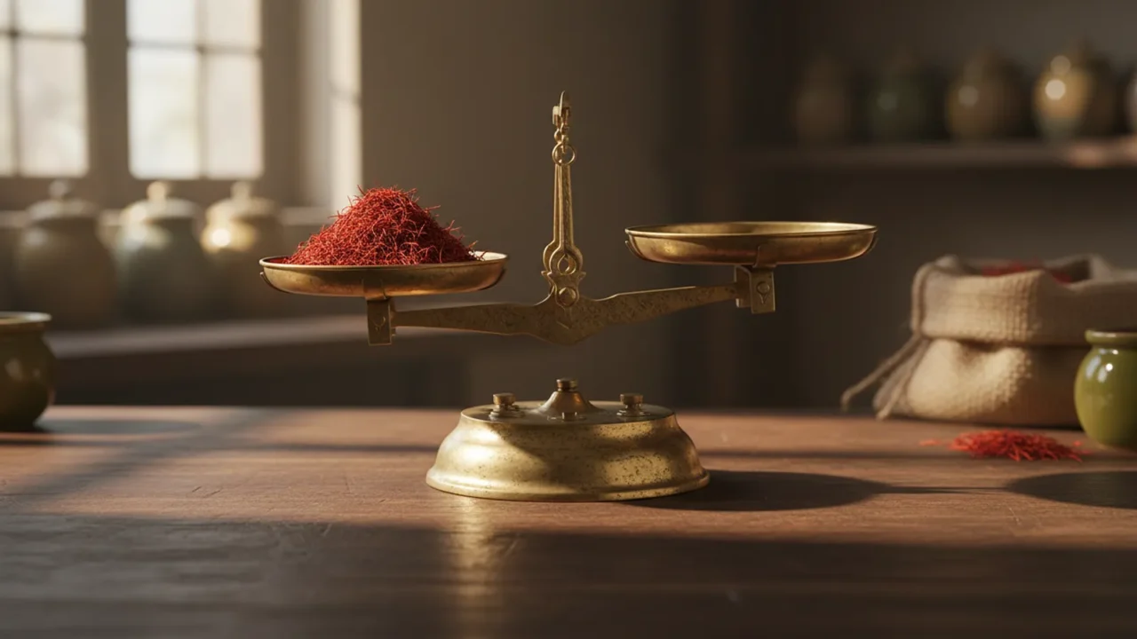 Photorealistic photo of an old brass scale holding a small pile of red saffron threads on a wooden majlis table
