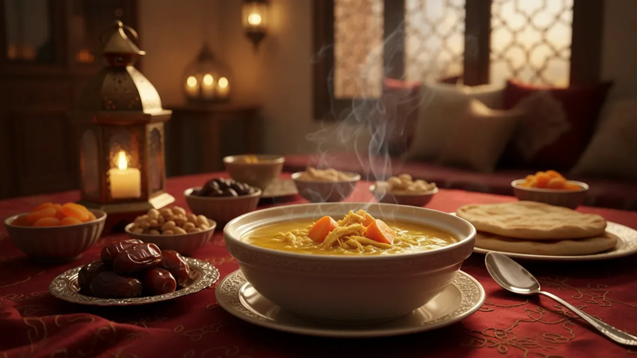 وعاء شوربة شعير بالدجاج والجزر بلون ذهبي خفيف من الزعفران على مائدة إفطار رمضانية