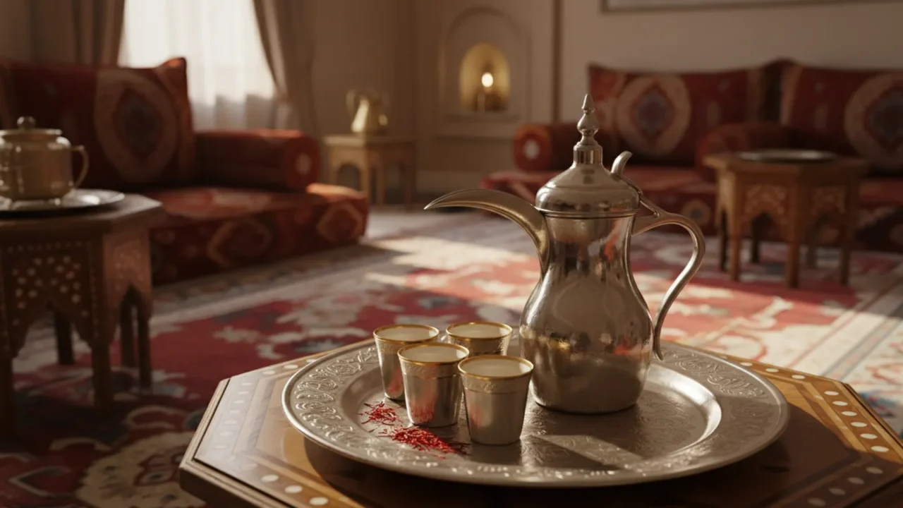 دلة قهوة عربية وفناجين صغيرة وبجانبها بضع خيوط زعفران حمراء