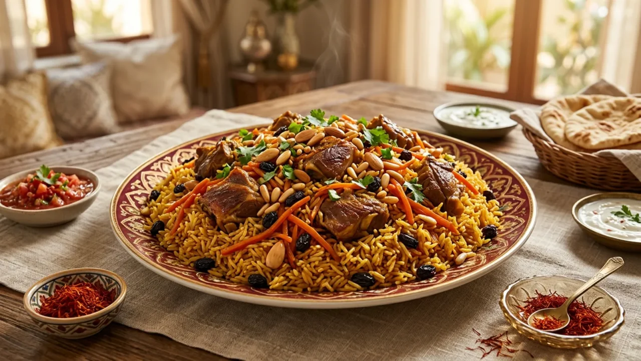 رز بخاري بقطع اللحم وشرائح الجزر الرفيعة والزبيب بلون ذهبي مزعفر