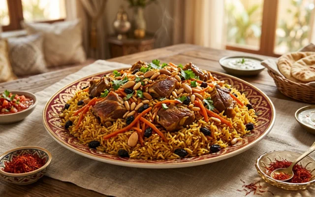 رز بخاري باللحم والجزر والزبيب بلمسة زعفران