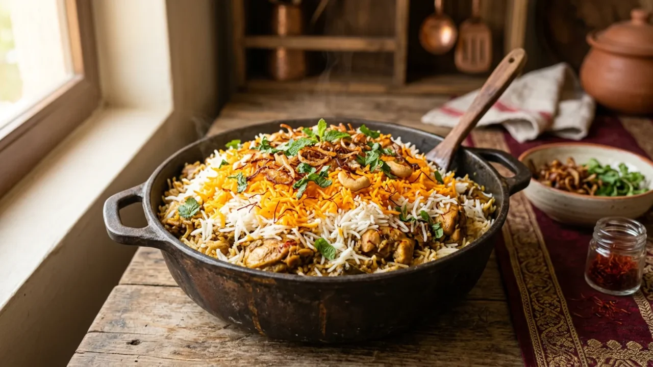 برياني دجاج في قدر ثقيل يُظهر طبقات الرز الأبيض وخطوط الزعفران الذهبية مع الدجاج والبصل المحمّر والنعناع