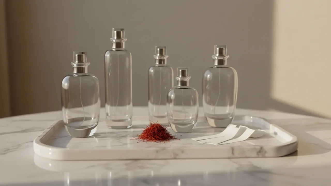 عدة زجاجات عطر بلا علامات تجارية مصفوفة على صينية نحاسية مع خيوط زعفران وقطع عود وعنبر وشرائط تجربة ورقية