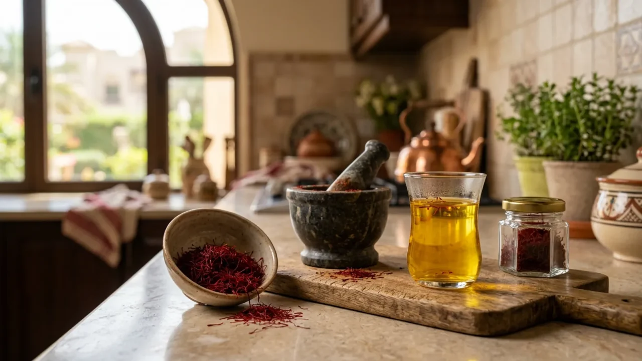 Photorealistic editorial photo of a tidy kitchen counter with a small glass bowl of saffron threads soaking in warm water beside a mortar and a pot of golden rice