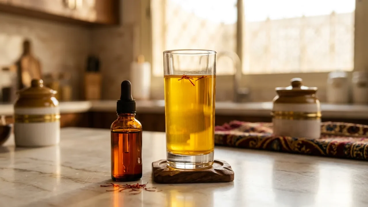 قارورة زجاجية صغيرة فيها ماء زعفران مركز برتقالي داكن بجانب هاون وخيوط زعفران مطحونة وملعقة