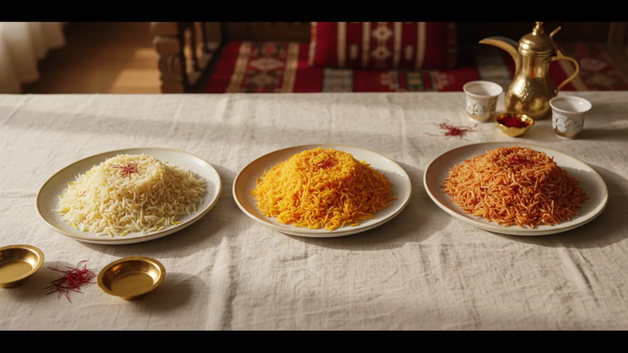 صورة علوية واقعية لثلاثة أطباق من الأرز بدرجات مختلفة من لون الزعفران، من الذهبي الفاتح إلى البرتقالي الغامق، مع خيوط زعفران ومعلقة