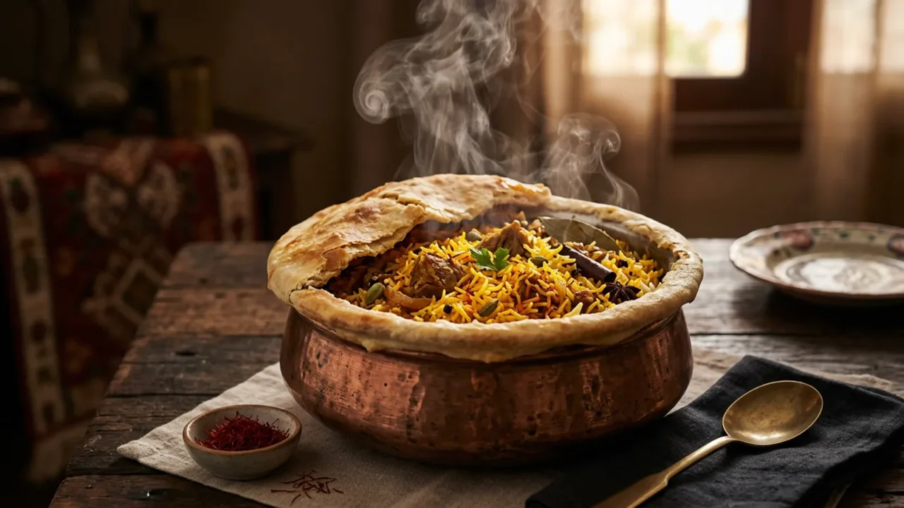 قدر برياني لحم غنم مختوم بغطاء من العجين مفتوح جزئياً يتصاعد منه البخار وخيوط الزعفران فوق الأرز