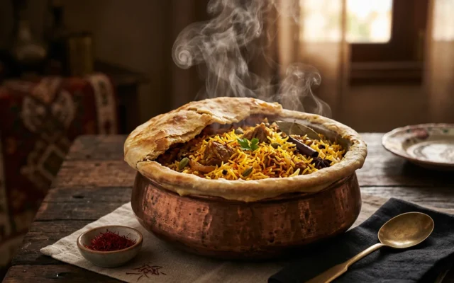 برياني لحم غنم بالزعفران بطريقة الدم البطيئة والعجين