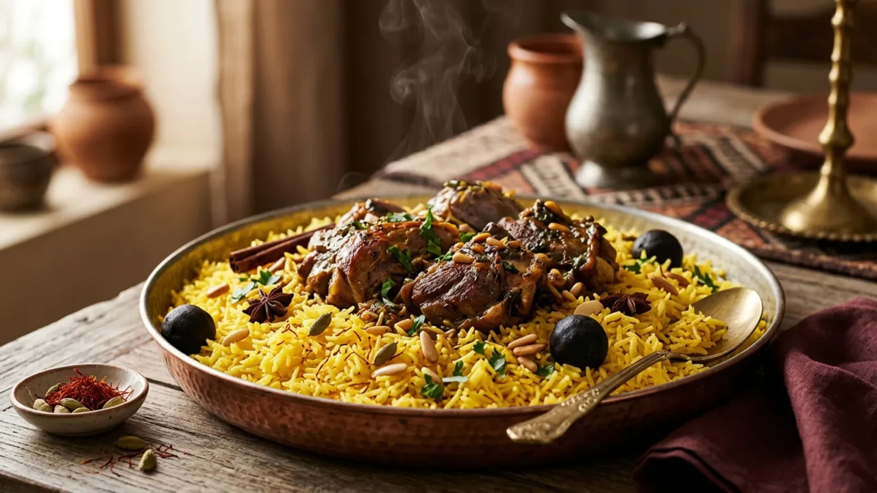 قطع لحم غنم طرية فوق رز بسمتي مزعفر في صحن تقديم واسع مع لوز وزبيب