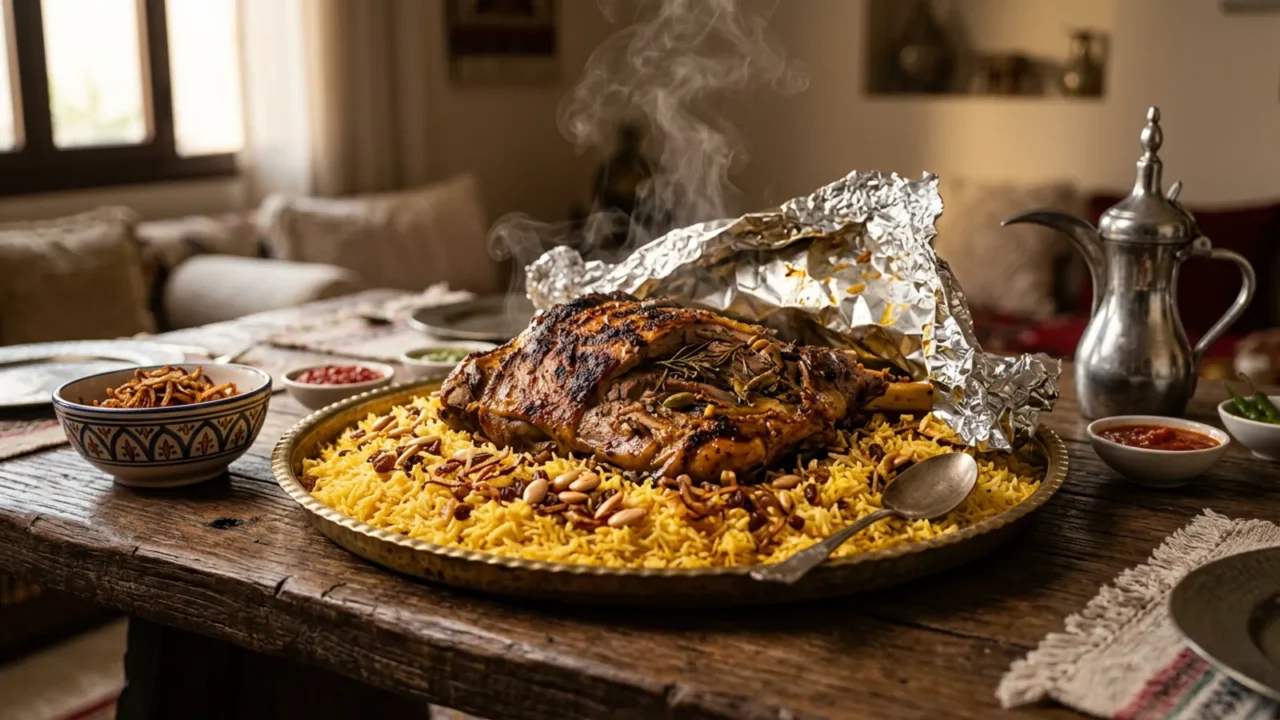 مدفون لحم مطهو ببطء يستريح على رز مزعفر في صينية كبيرة مع زبيب ولوز محمص