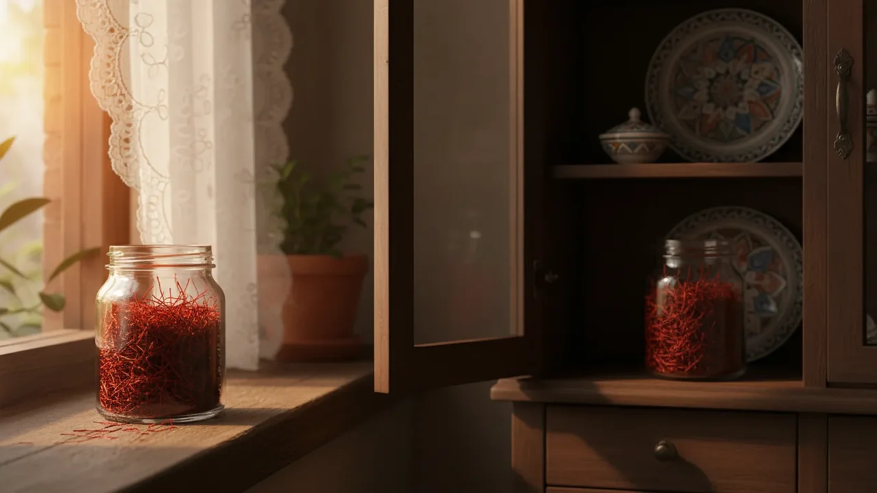 Photorealistic still life of two jars of saffron threads, one clear glass jar on a sunlit windowsill and one dark opaque jar on a shaded wooden shelf