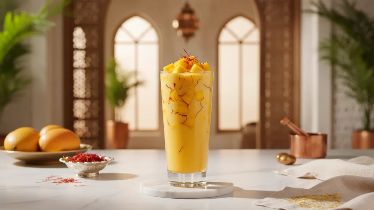 Golden mango smoothie in a tall glass with fresh mango cubes and a few saffron threads on top