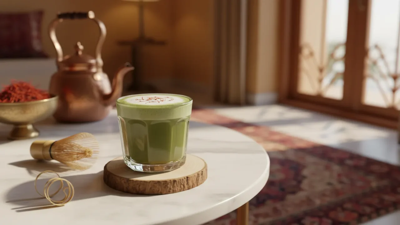 Green matcha latte in a glass cup with a few saffron threads on top, photorealistic editorial photo