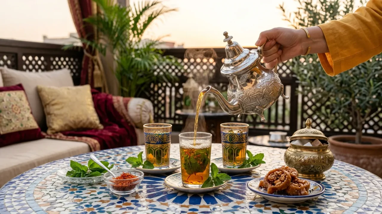 صورة واقعية لإبريق مغربي فضي يسكب شاياً أخضر ذهبياً من الأعلى في كاسات مزخرفة مع أوراق نعناع طازجة وخيوط زعفران