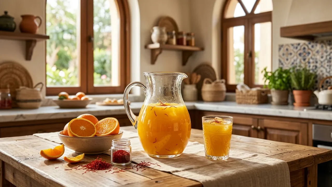 Photorealistic editorial photo of a glass pitcher of fresh orange juice with halved oranges, a small bowl of saffron infusion and saffron threads on a light wooden table with ice