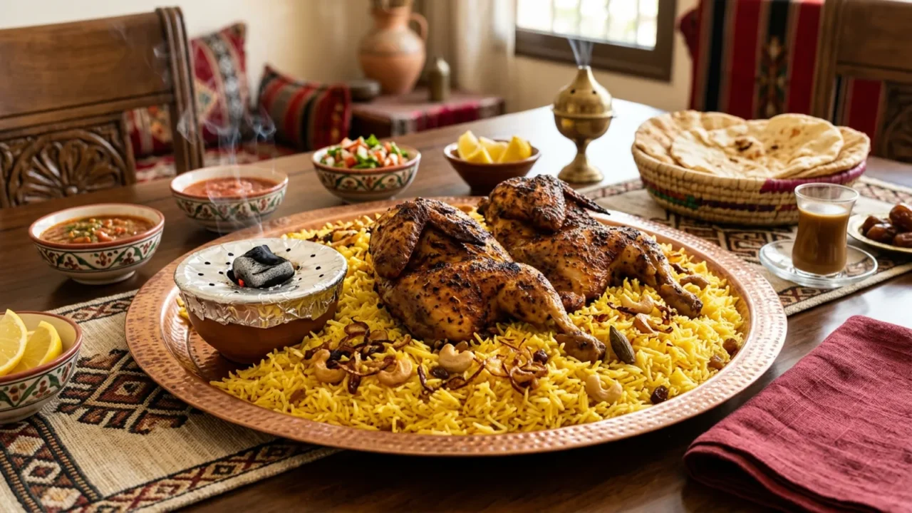 مندي دجاج مع رز أصفر بحبة طويلة على صينية تقديم، وتظهر لمسة التدخين وخيوط الزعفران فوق الرز