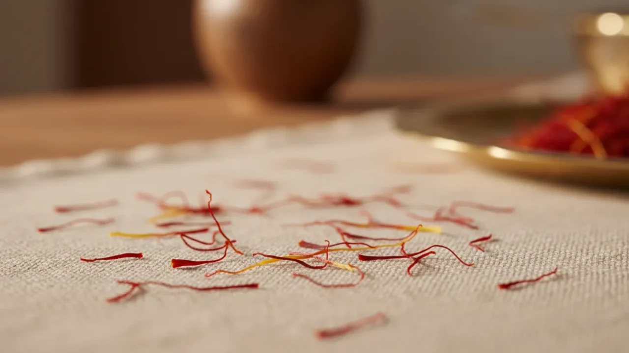 Saffron threads with red tips and pale yellow ends spread on a light wooden surface beside a small spoon