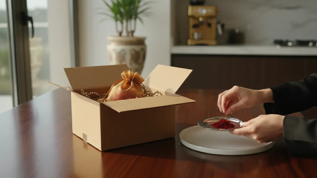 Photorealistic photo of an open cardboard delivery box on a kitchen counter in summer light, with a sealed saffron tin and a few dark red saffron threads on a white plate being inspected