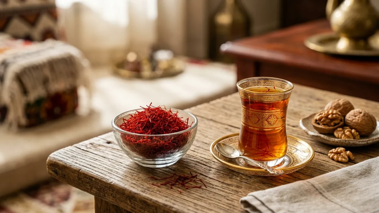 تصوير ثابت لخيوط زعفران حمراء في وعاء زجاجي بجانب حبات جوز على سطح خشبي فاتح