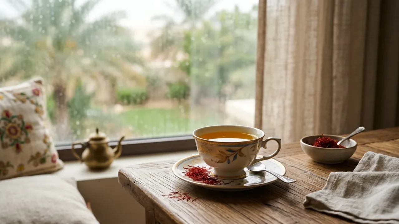 كوب شاي زعفران على طاولة هادئة بجوار نافذة مع ضوء صباحي ناعم