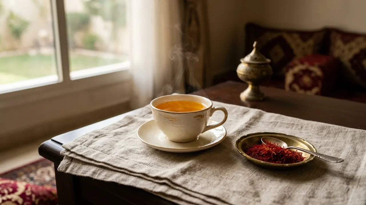 كوب شاي زعفران ذهبي يتصاعد منه البخار على قطعة كتان بجانب خيوط زعفران