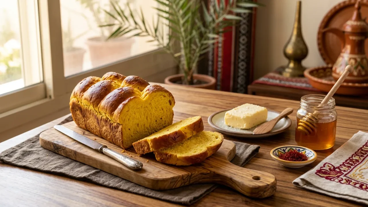 رغيف بريوش ذهبي بالزعفران مقطع شرائح على لوح خشبي مع قطعة زبدة وخيوط زعفران