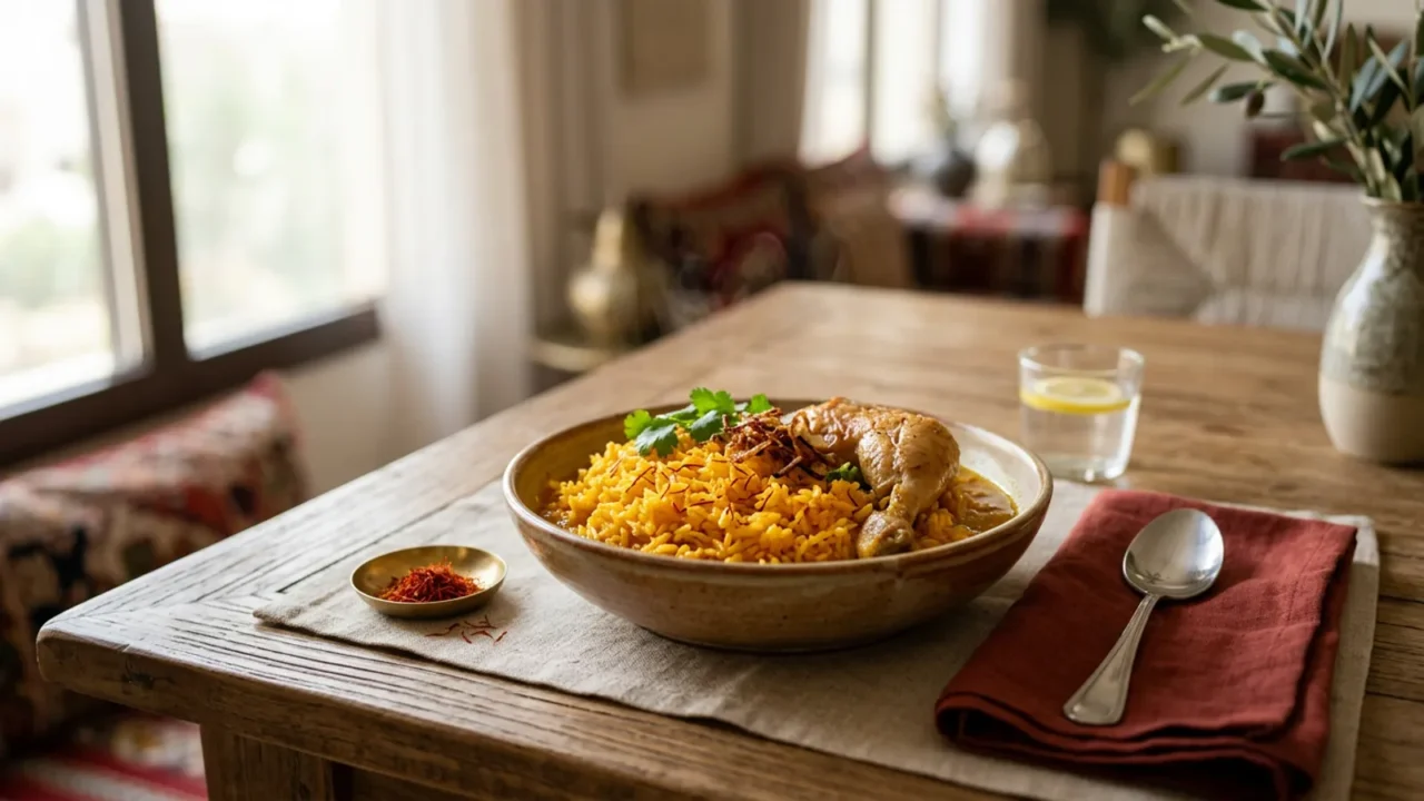 طبق أرز ناعم بالزعفران مع مرق دجاج دافئ على مائدة مرتبة لكبار السن في بيت سعودي