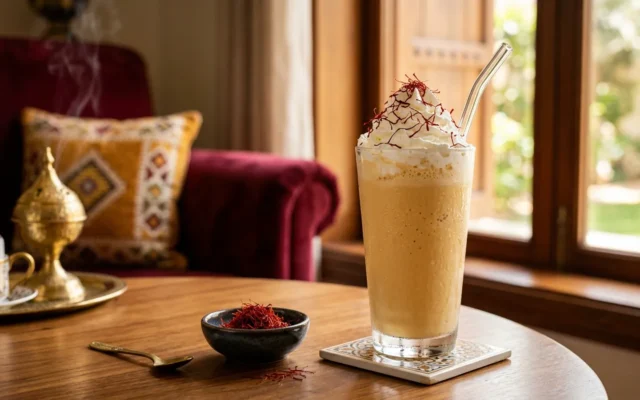 فرابتشينو الزعفران في البيت: قهوة مثلجة مخفوقة بالبلندر