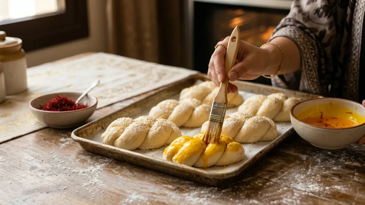 Photorealistic editorial photo of a pastry brush glazing golden saffron rolls on a baking tray in a Saudi home kitchen