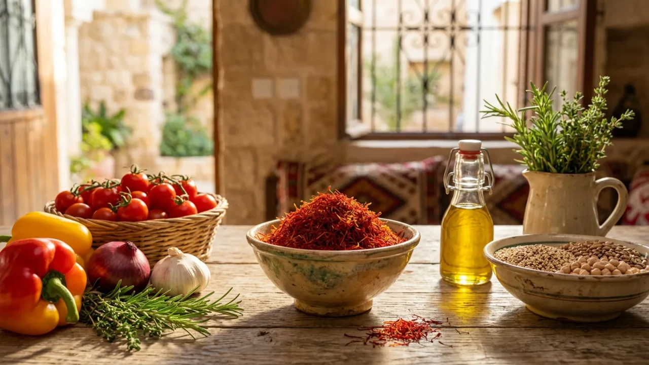 طاولة خشبية ريفية عليها وعاء فيه خيوط زعفران حمراء مع خضار طازجة وزيت زيتون، ترمز إلى غذاء صحي للقلب