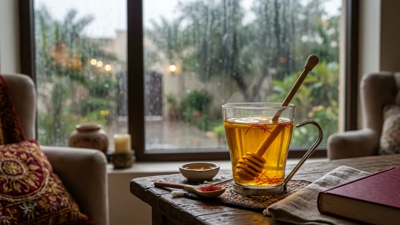 كوب زجاجي من مشروب العسل والليمون الدافئ مع خيوط الزعفران وشرائح الليمون على طاولة خشبية