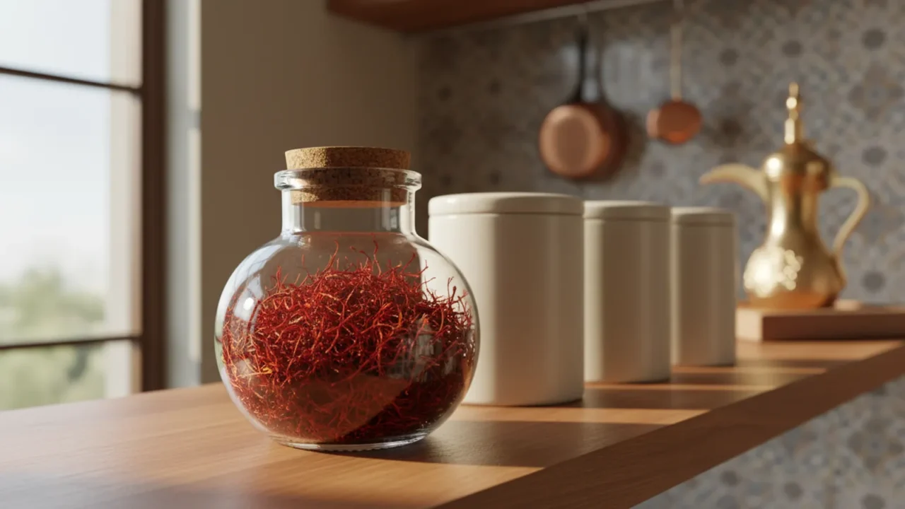 Photorealistic editorial photo of a small sealed amber glass jar of saffron threads on a kitchen shelf beside a refrigerator door, soft natural light