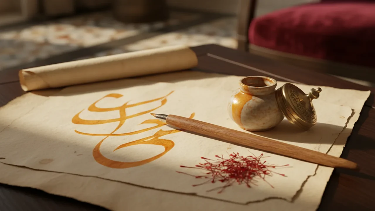 Photorealistic photo of a calligraphy reed pen and small ink: قلم خط عربي من القصب بجانب دواة صغيرة وخيوط زعفران حمراء على ورق مصقول