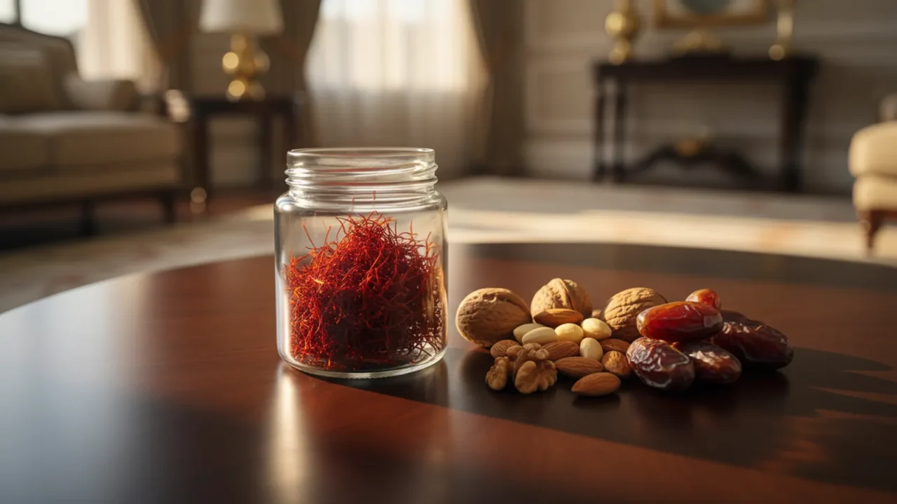Glass jar of saffron threads beside walnuts, almonds and dates on a wooden tray in warm natural light