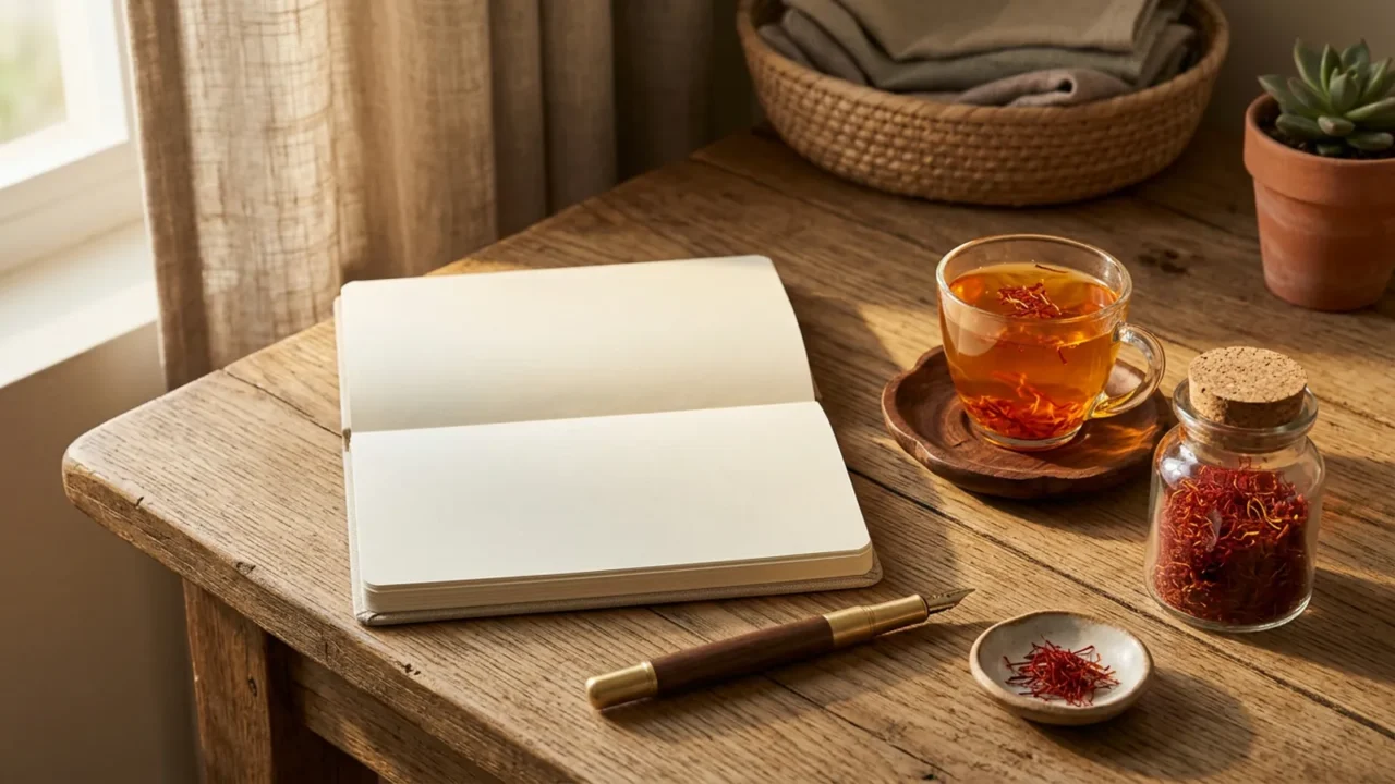مكتب عليه دفتر ملاحظات مفتوح وفنجان شاي بالزعفران وخيوط زعفران صغيرة بجانبه
