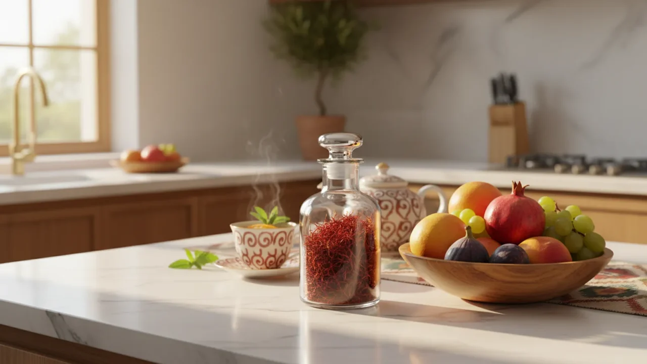 خيوط زعفران حمراء في وعاء زجاجي صغير على طاولة مطبخ مضيئة بجانب كوب شاي دافئ