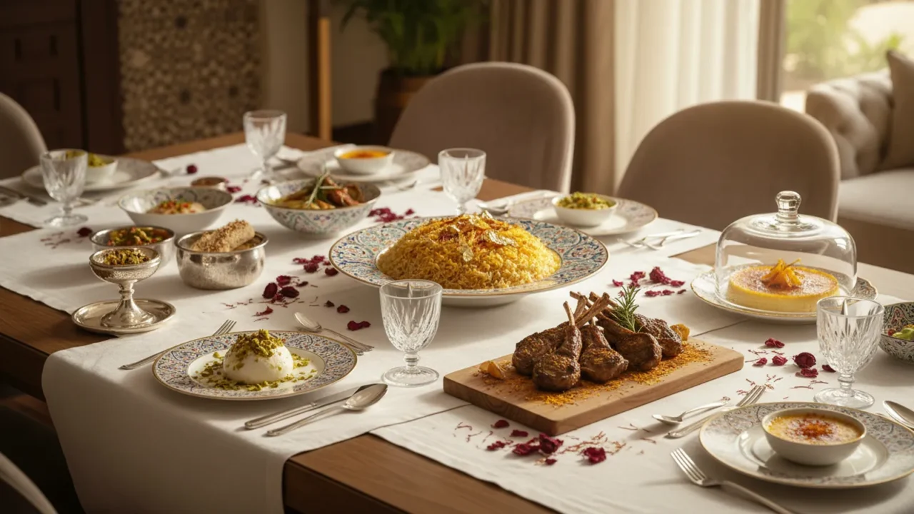 مائدة عزومة بأطباق متنوعة بالزعفران