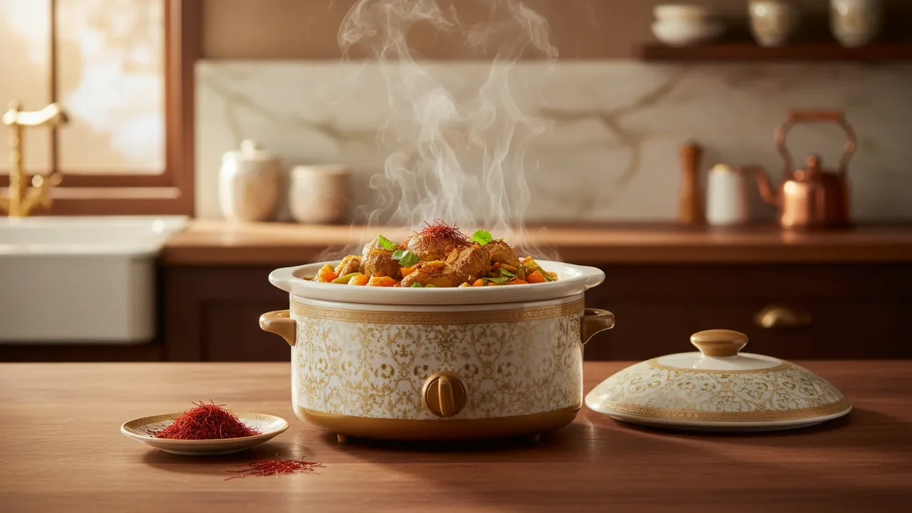 صورة واقعية بأسلوب تحريري لقدر بطيء كهربائي يحتوي على لحم وأرز مزعفر مع خيوط زعفران ووعاء صغير من ماء الزعفران بجانبه على سطح مطبخ