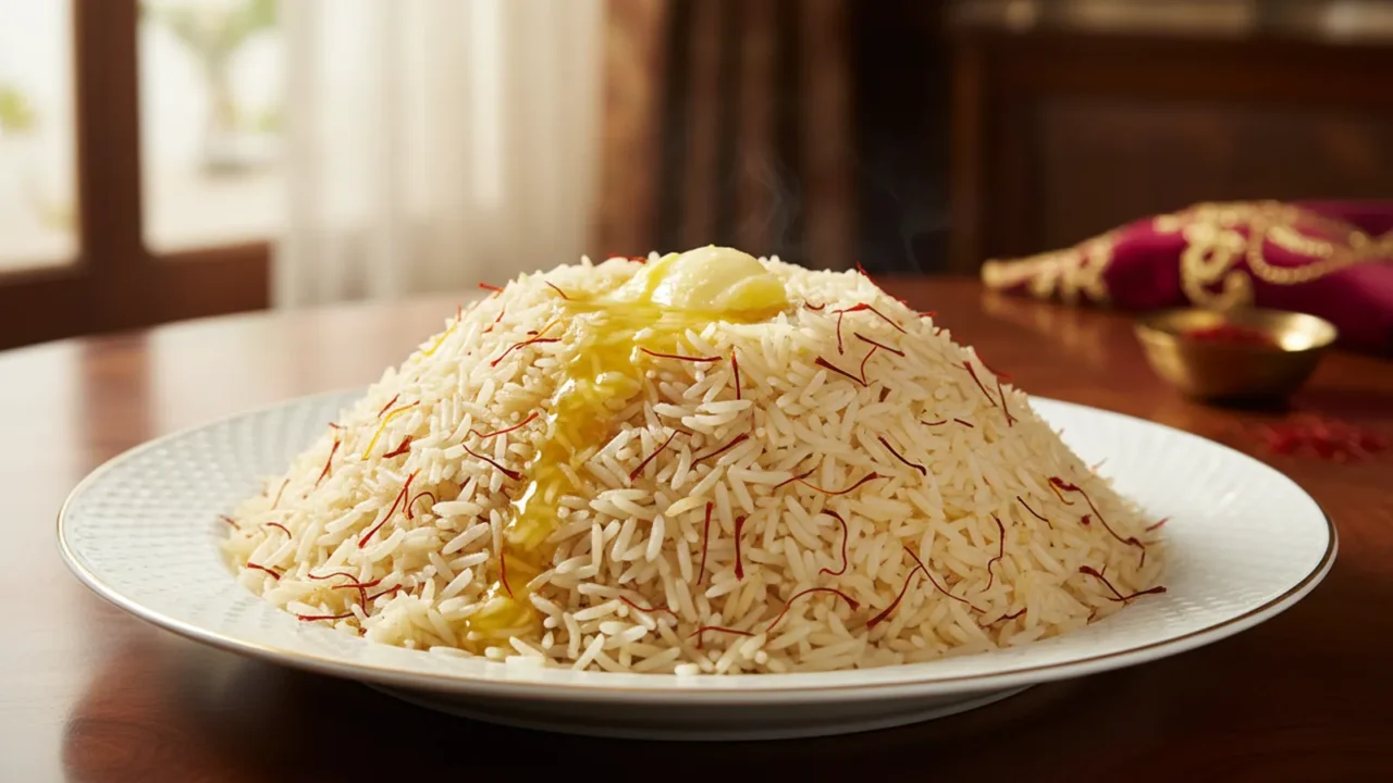 رز بسمتي منفوش مكوّم على طبق أبيض كبير مع خطوط ذهبية من الزعفران وخيوط زعفران للتزيين