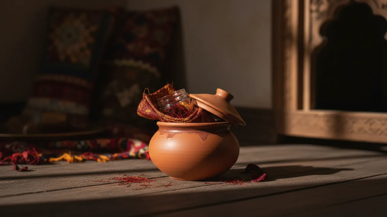 Photorealistic photo of a small saffron jar wrapped in a cloth inside a cool, shaded cabinet, with red saffron threads beside it