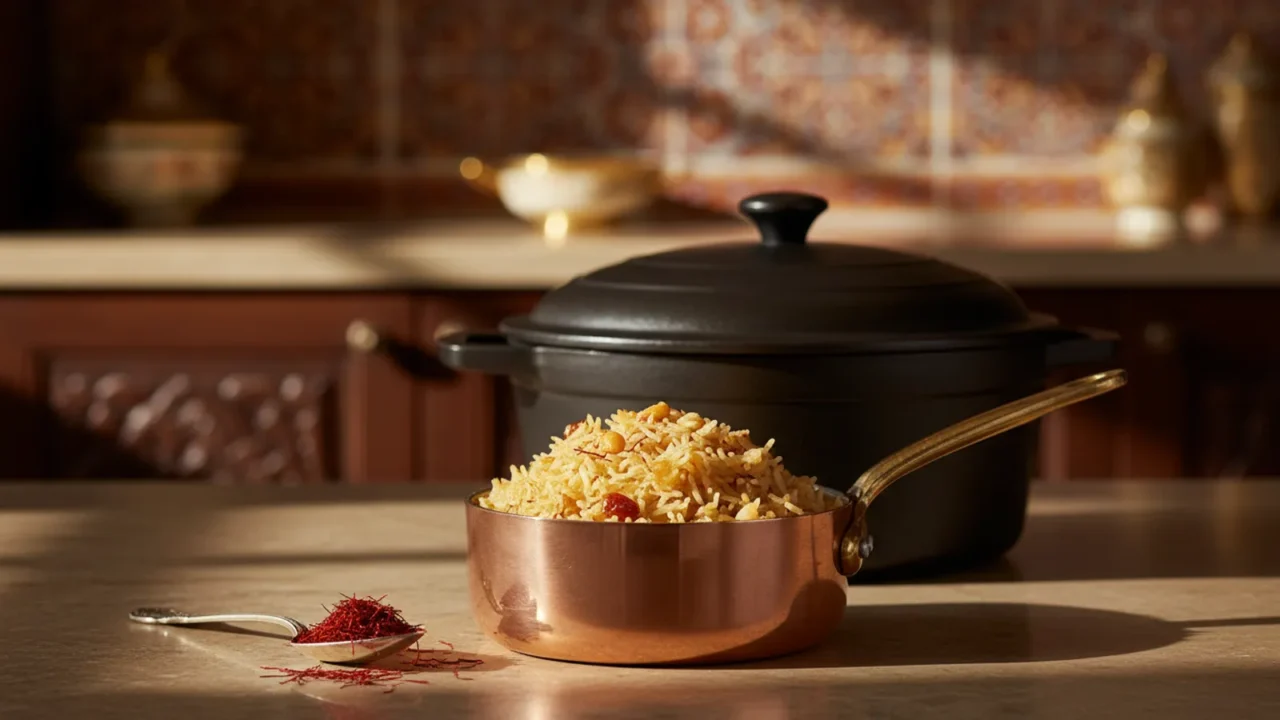 Photorealistic editorial photo of a small saucepan of golden saffron rice beside a tiny glass bowl of soaked saffron threads on a wooden kitchen counter