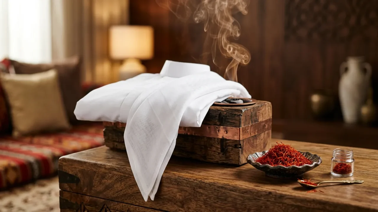 ثوب أبيض وغترة مطويان فوق مبخرة خليجية فيها قطع عود وبخور، مع طبق صغير من خيوط الزعفران بجانبهما