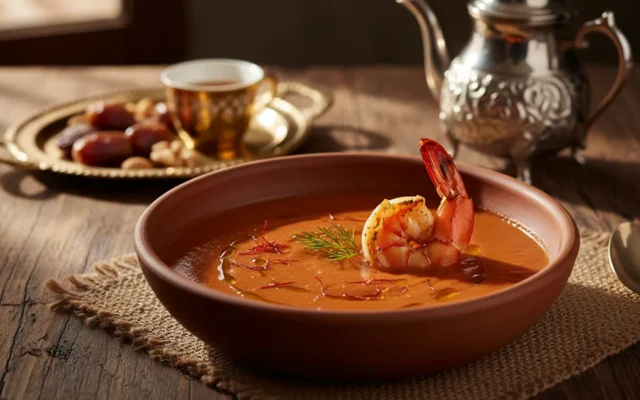 بيسك الروبيان بالزعفران: شوربة المأكولات البحرية الغنية