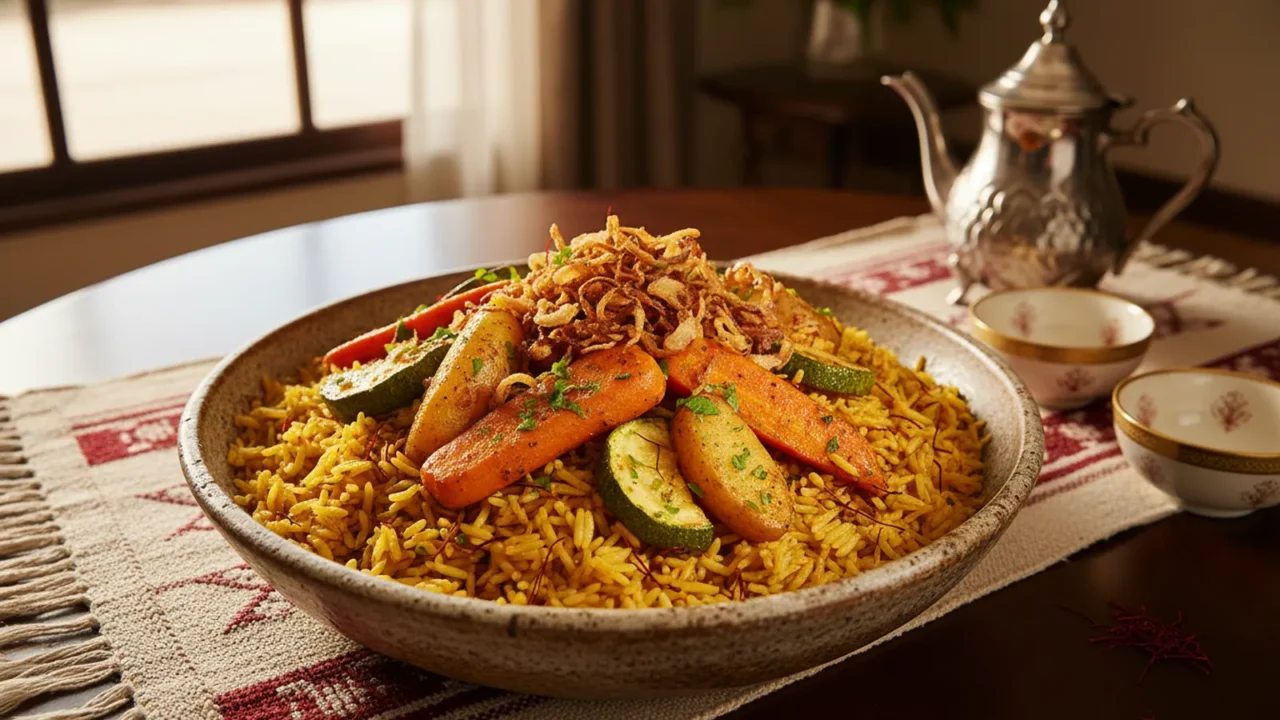 كبسة خضار بالجزر والبطاطس والكوسا فوق أرز مزعفر في صحن كبير