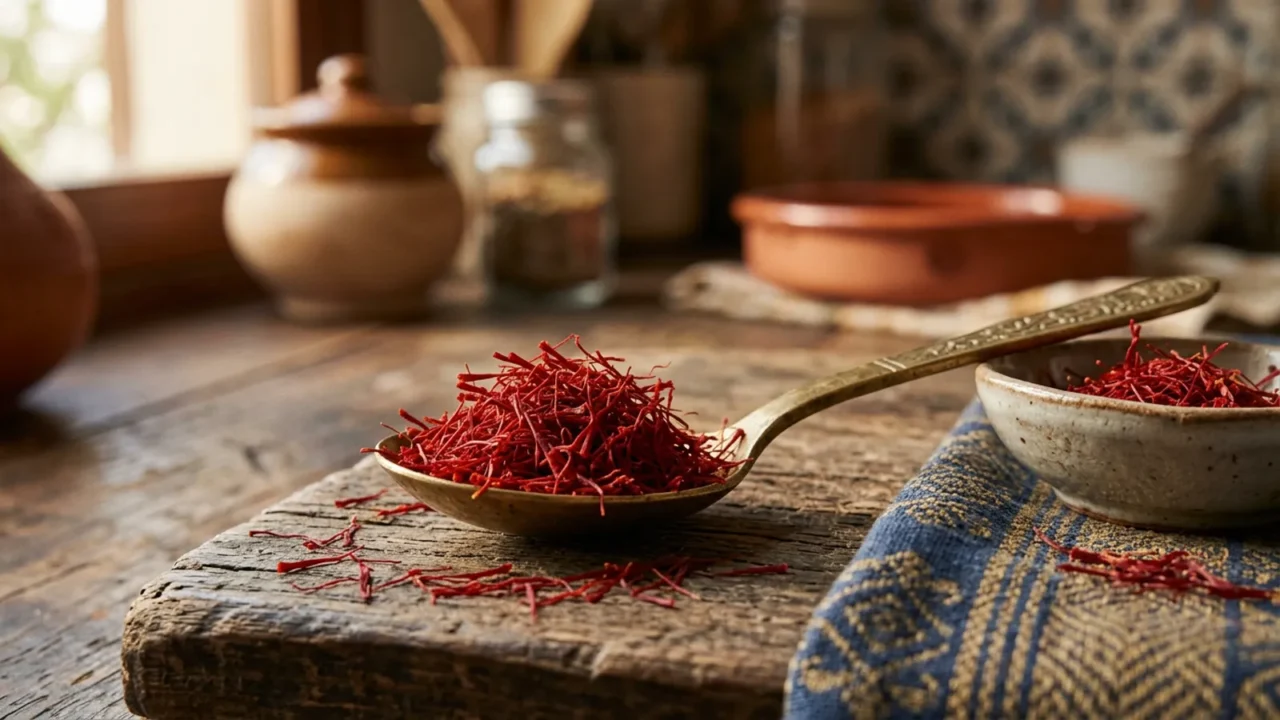 كومة من رؤوس الزعفران الحمراء القصيرة في ملعقة نحاسية صغيرة على سطح خشبي