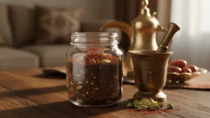 برطمان زجاجي يحتوي على خلطة قهوة عربية مطحونة مع الهيل وخيوط الزعفران بجانب دلة ذهبية