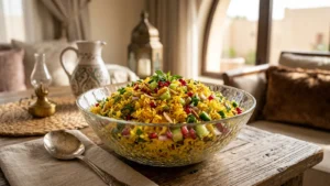 سلطة رز باردة بالزعفران مع الأعشاب والخيار وحب الرمان في صحن تقديم