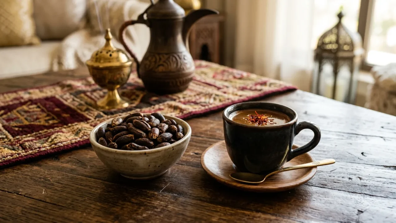 نوى تمر محمّص في وعاء وفنجان صغير من قهوة نوى التمر الداكنة مع خيوط زعفران